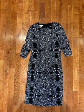 London Times Black & White Long Sleeve Patterned Shift Dress